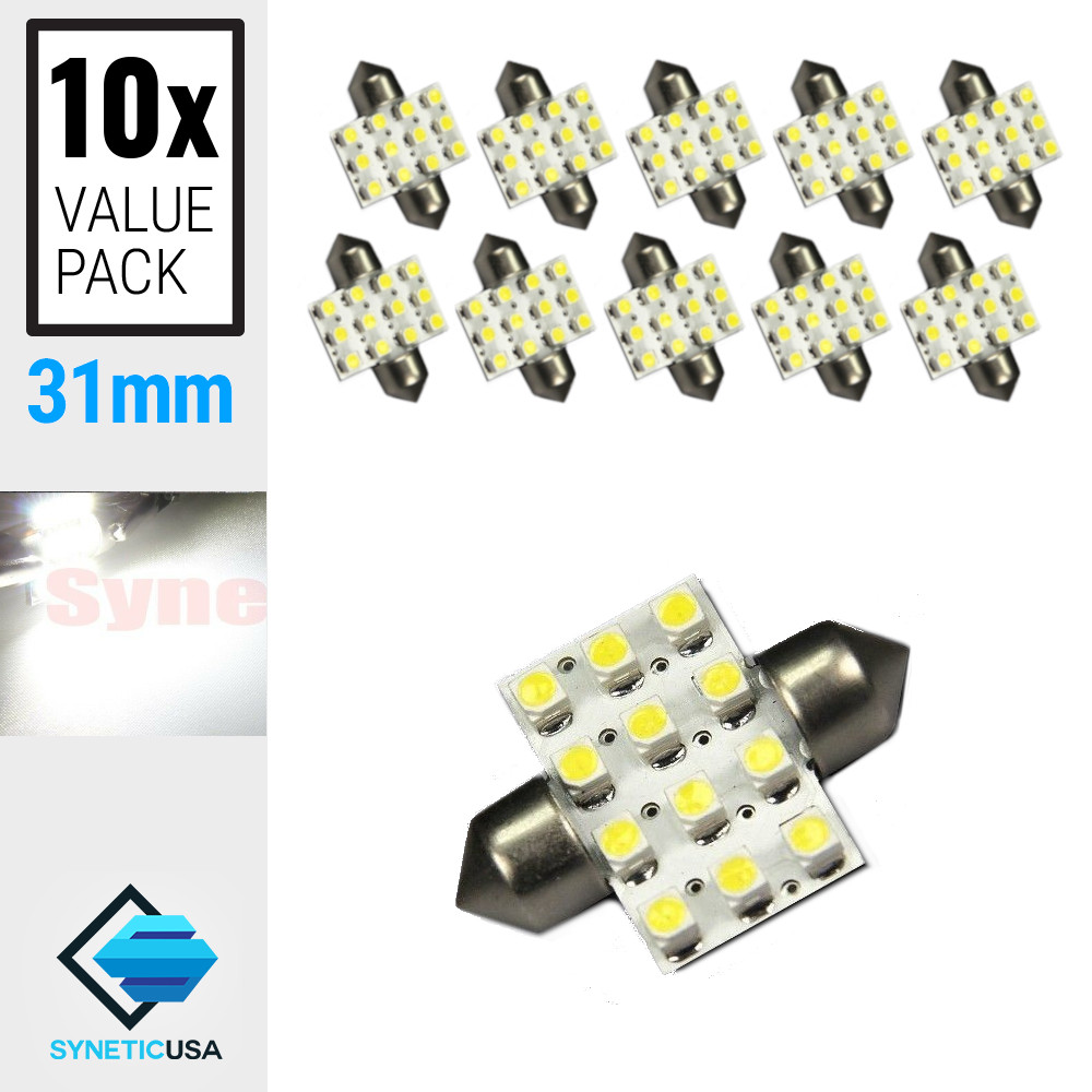 10x 6000K White 31mm Festoon 12-LED Light Bulbs for Interior Dome