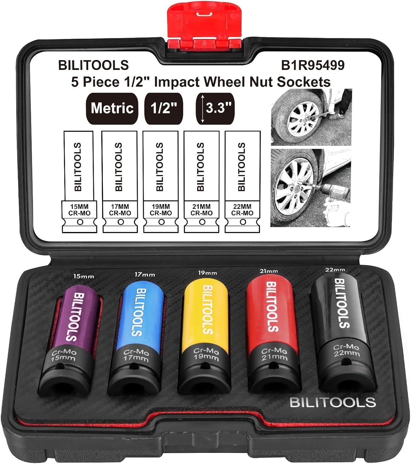 5pcs 1/2’’ Drive Impact Lug Nut Socket Set, 15/17/19/21/22mm | Non-Marring So…