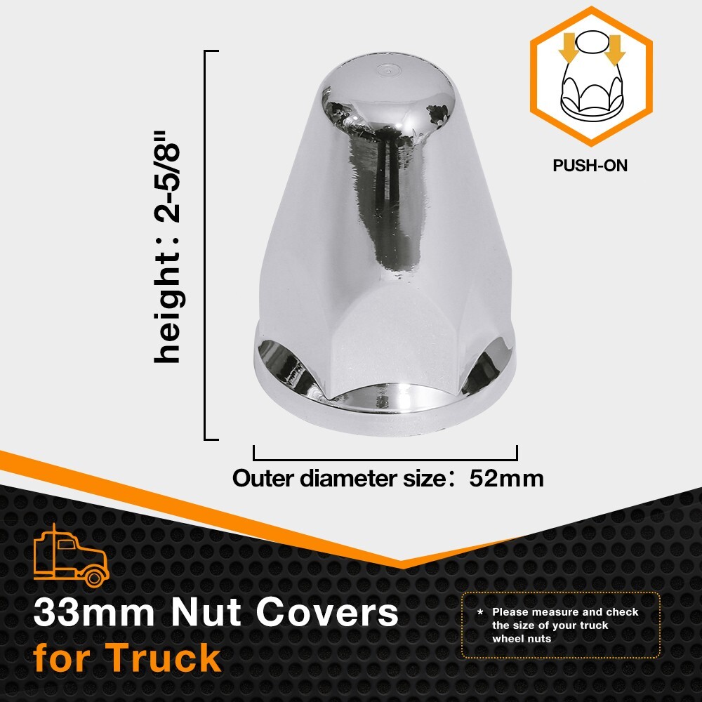 33mm x 2-5/8” Chrome Plastic Push On Style Lug Nut Covers for Semi Truck 60PCS