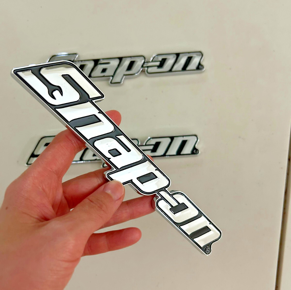 2PCs SNAP-ON TOOL BOX LOGO EMBLEM Chrome Silver Badge Decal 8″ INCH LONG – NEW