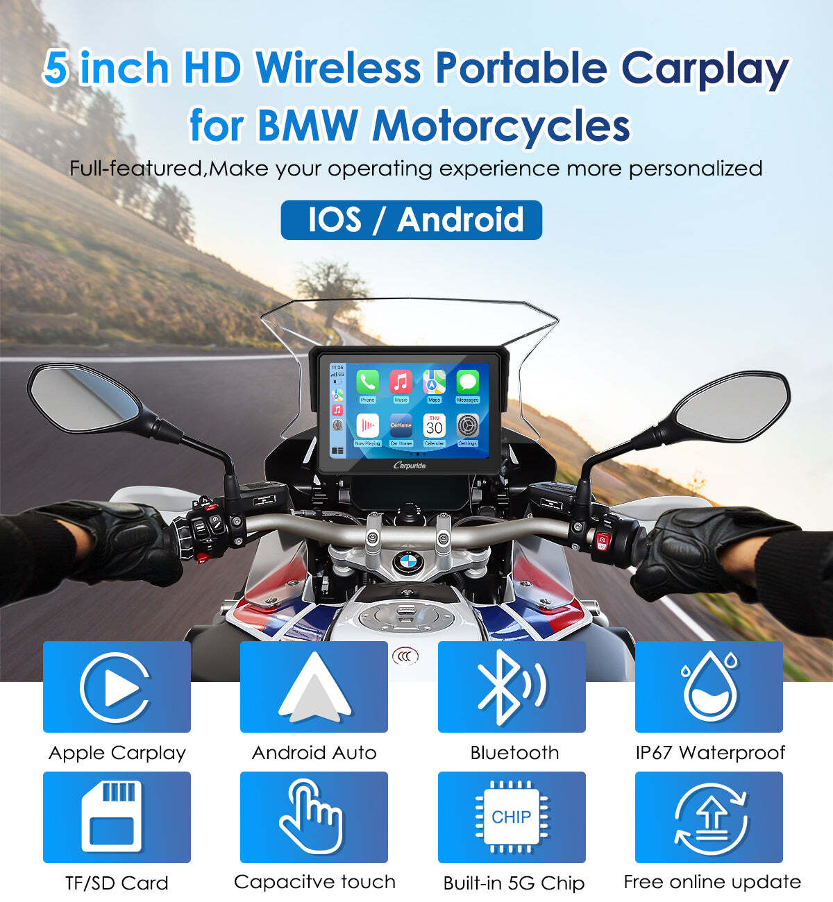 Carpuride 5” Wireless Carplay GPS Dual Bluetooth Android Auto Waterproof for BMW