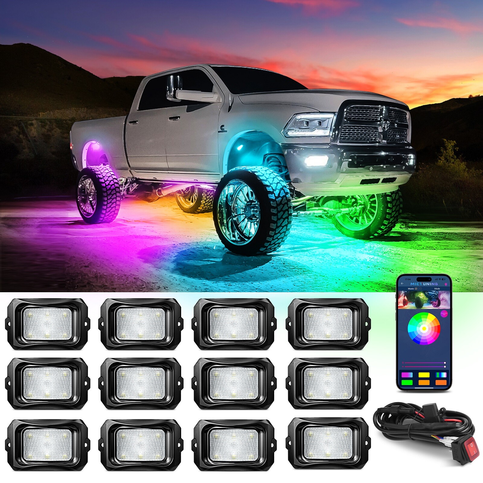 MICTUNING C2 Max RGB-IC LED Rock Lights Kit – 12 Pods Dream Color Chasing Lights