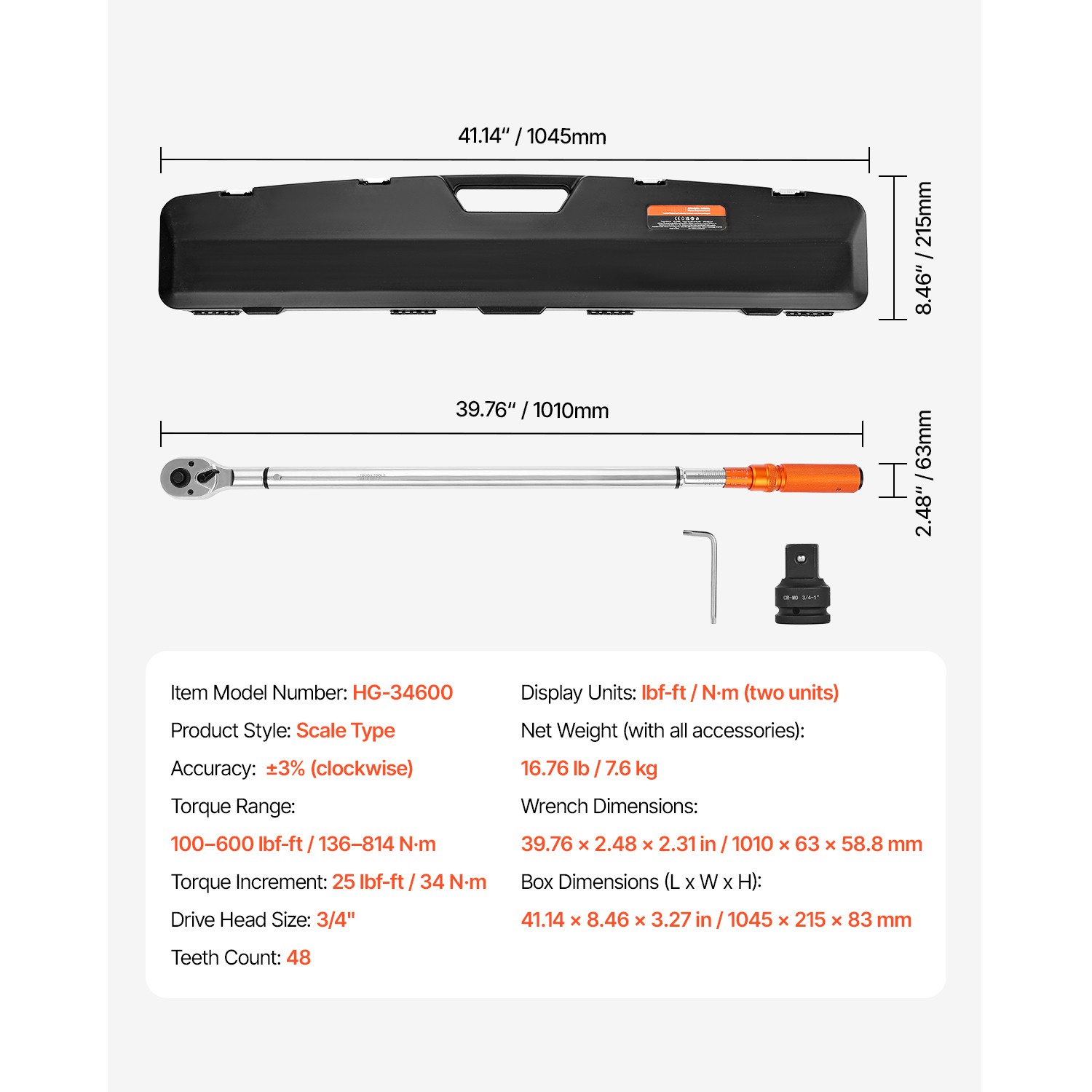 Click Torque Wrench 3/4 Inch Drive 100-600 lbf-ft/136-814N.m Dual-direction