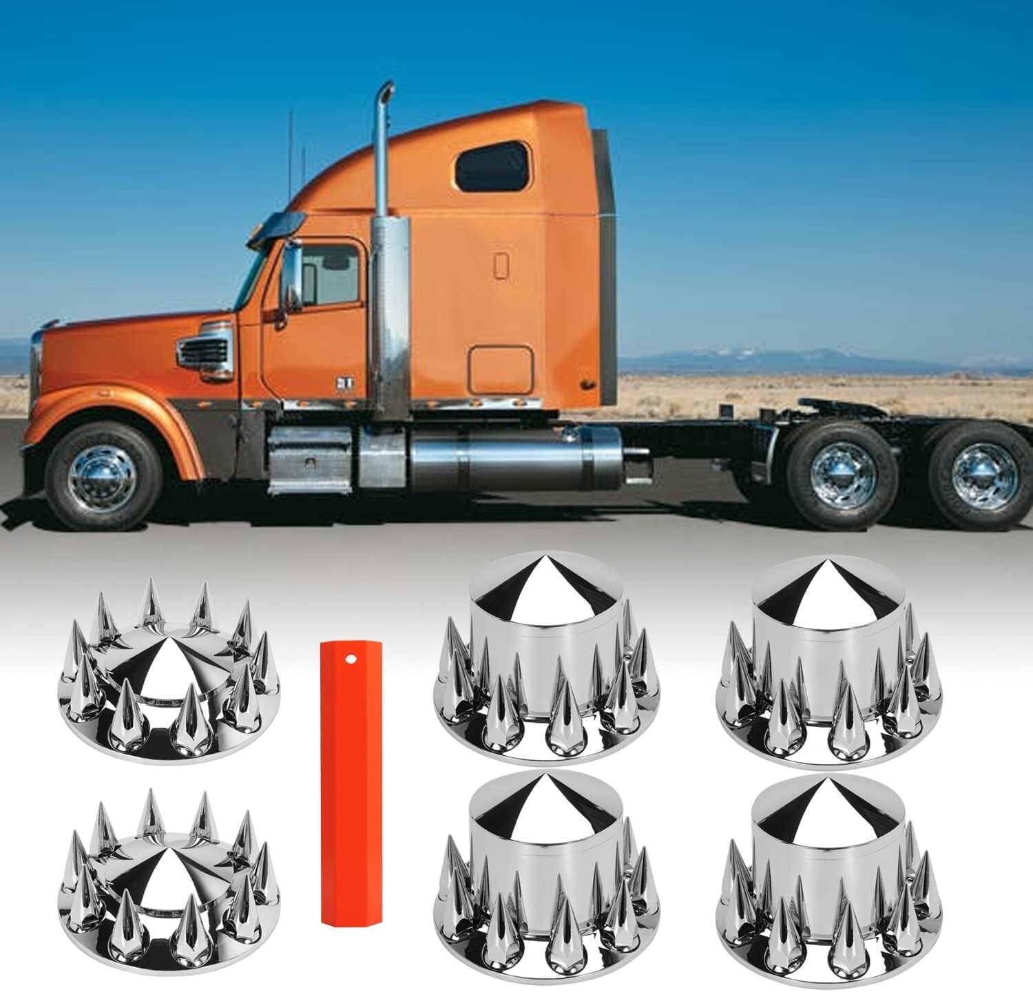Spiked Hub Cover Chrome ABS Kits 33mm Front & Rear Semi Truck Wheel Axle Covers