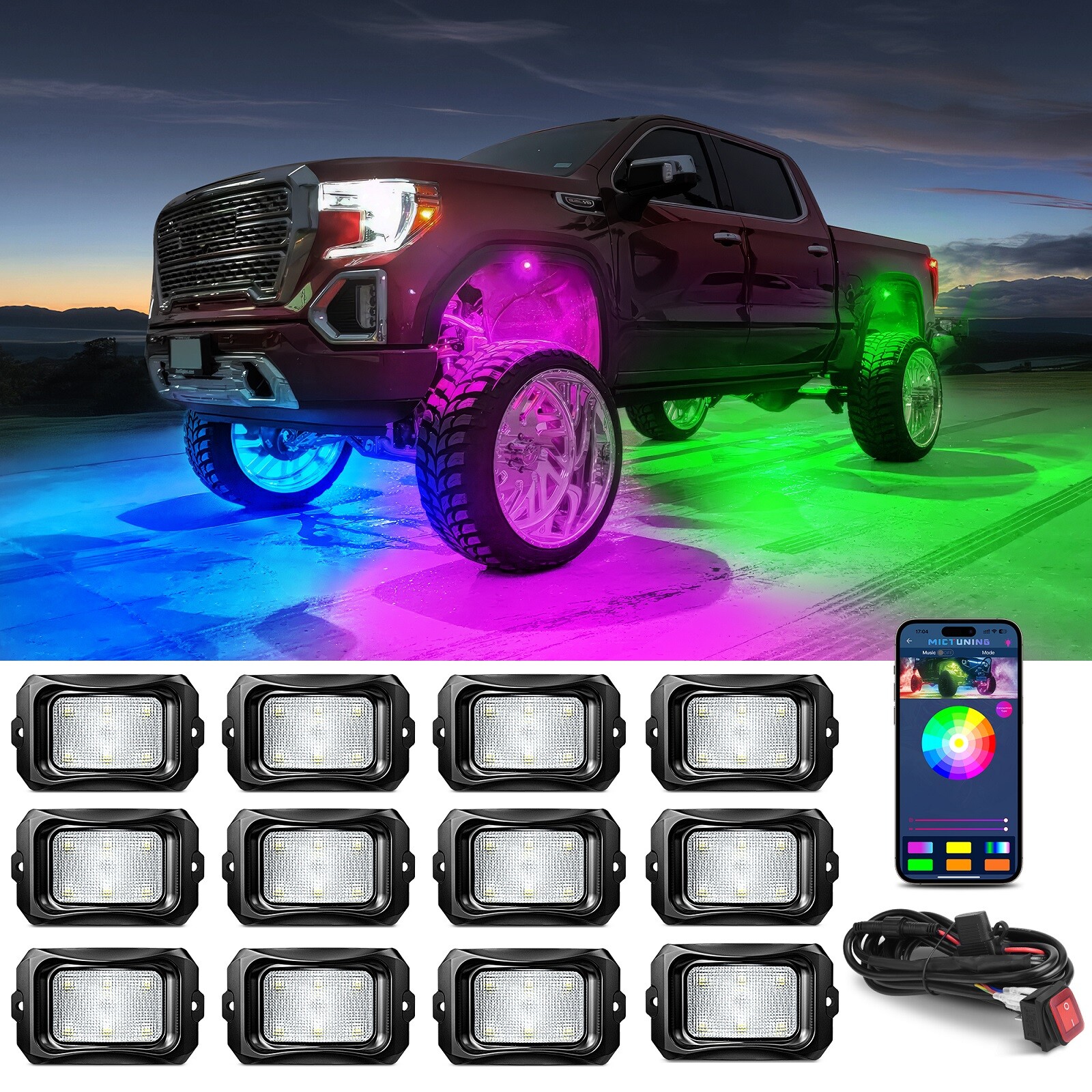 MICTUNING C2 Max RGB-IC LED Rock Lights Kit – 12 Pods Dream Color Chasing Lights