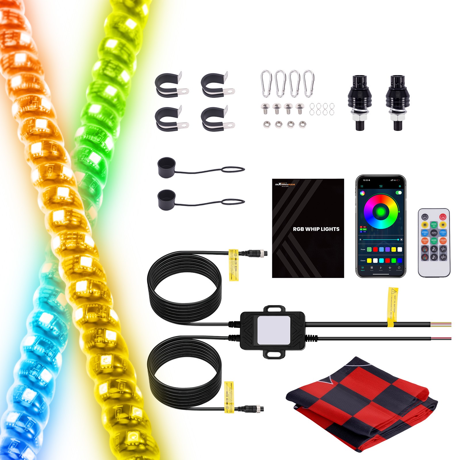 2PCS 2FT Fat Whip Lights W/ Falg APP & Remote Control for UTV ATV RZR SXS 4WD