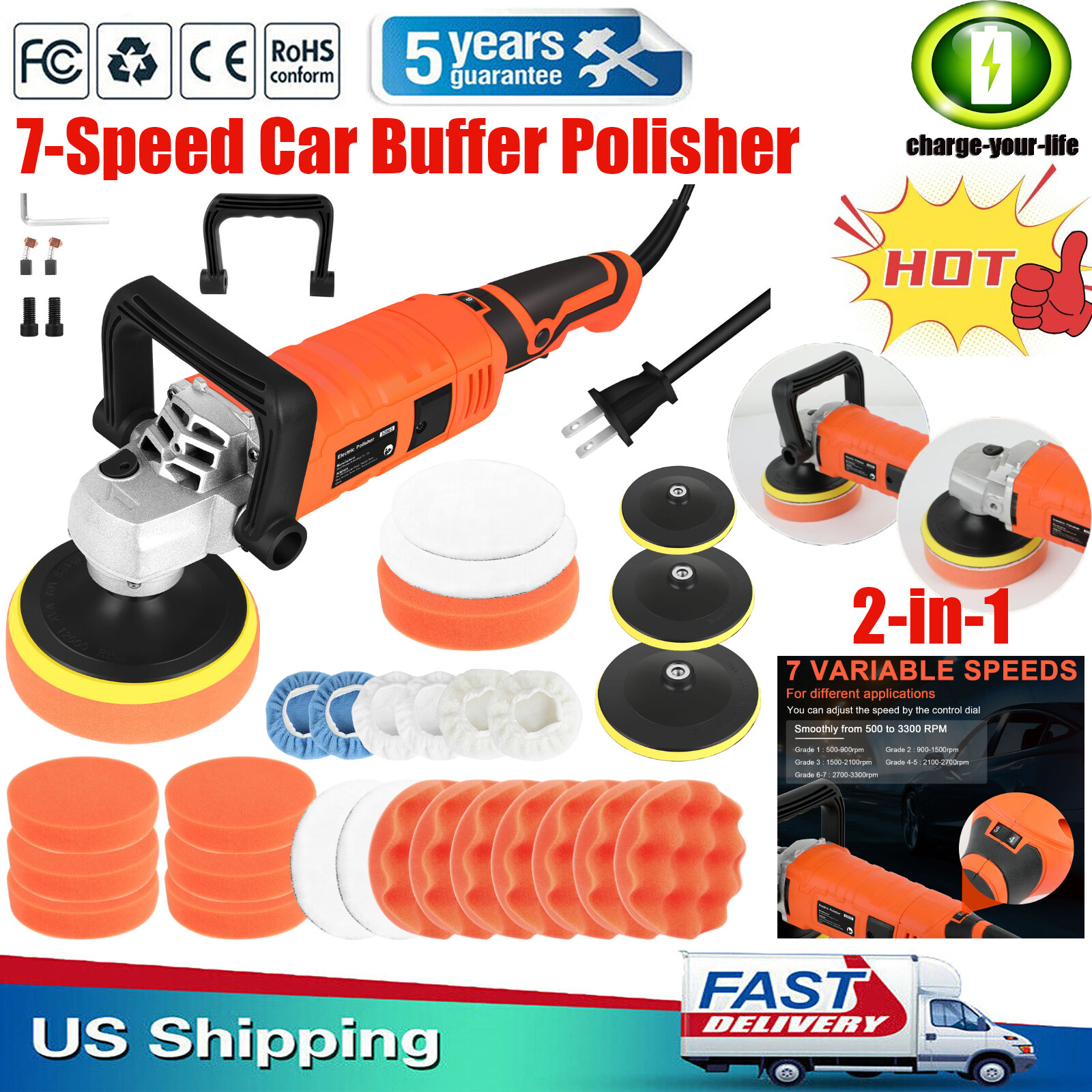 Car Polisher Buffer Sander 1580W Auto Polishing Machine 5″ 6”Pad Bonnet Kit Set