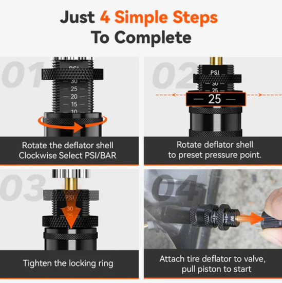 WOLFBOX Adjustable Auto-Stop Tire Deflator Valve Kit 4 PCS Tyre Air Down Tool