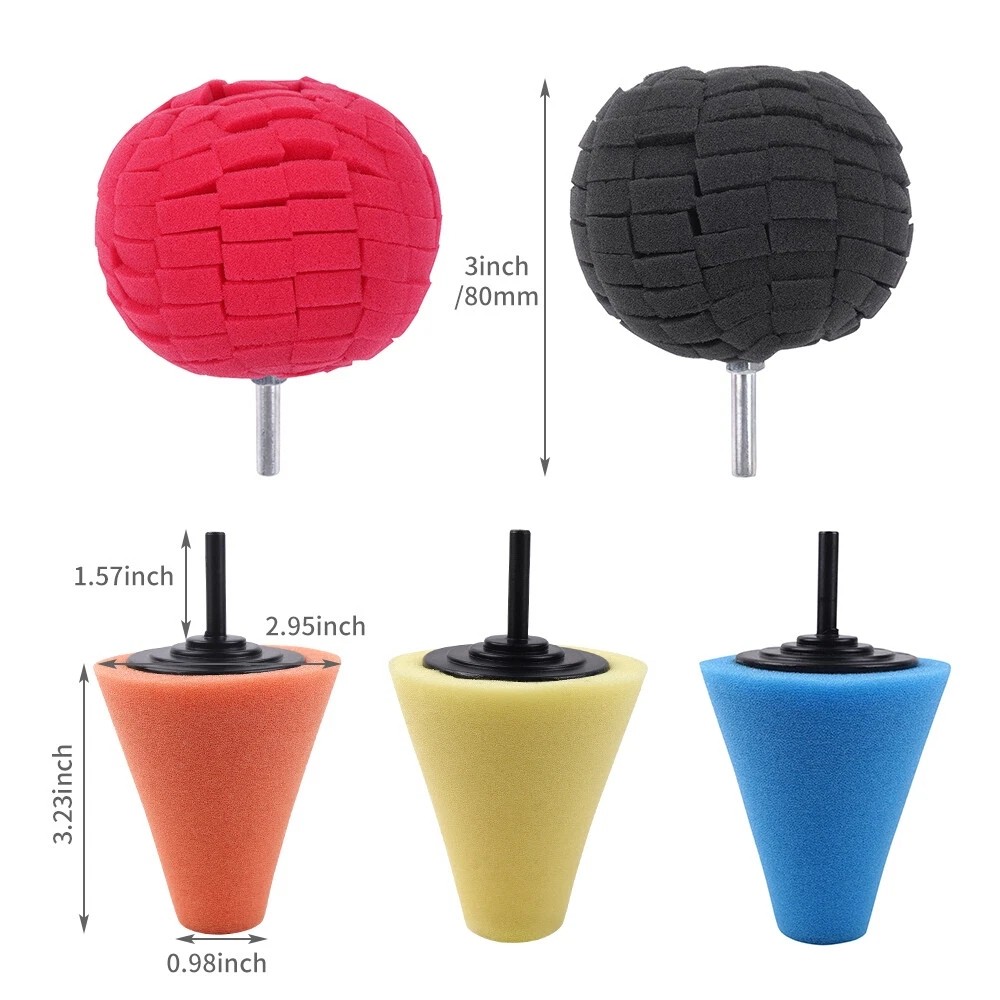 4″ Foam Drill Polishing Cone Ball Pads Kit Car Hub Waxing Buffing Wheel Polisher