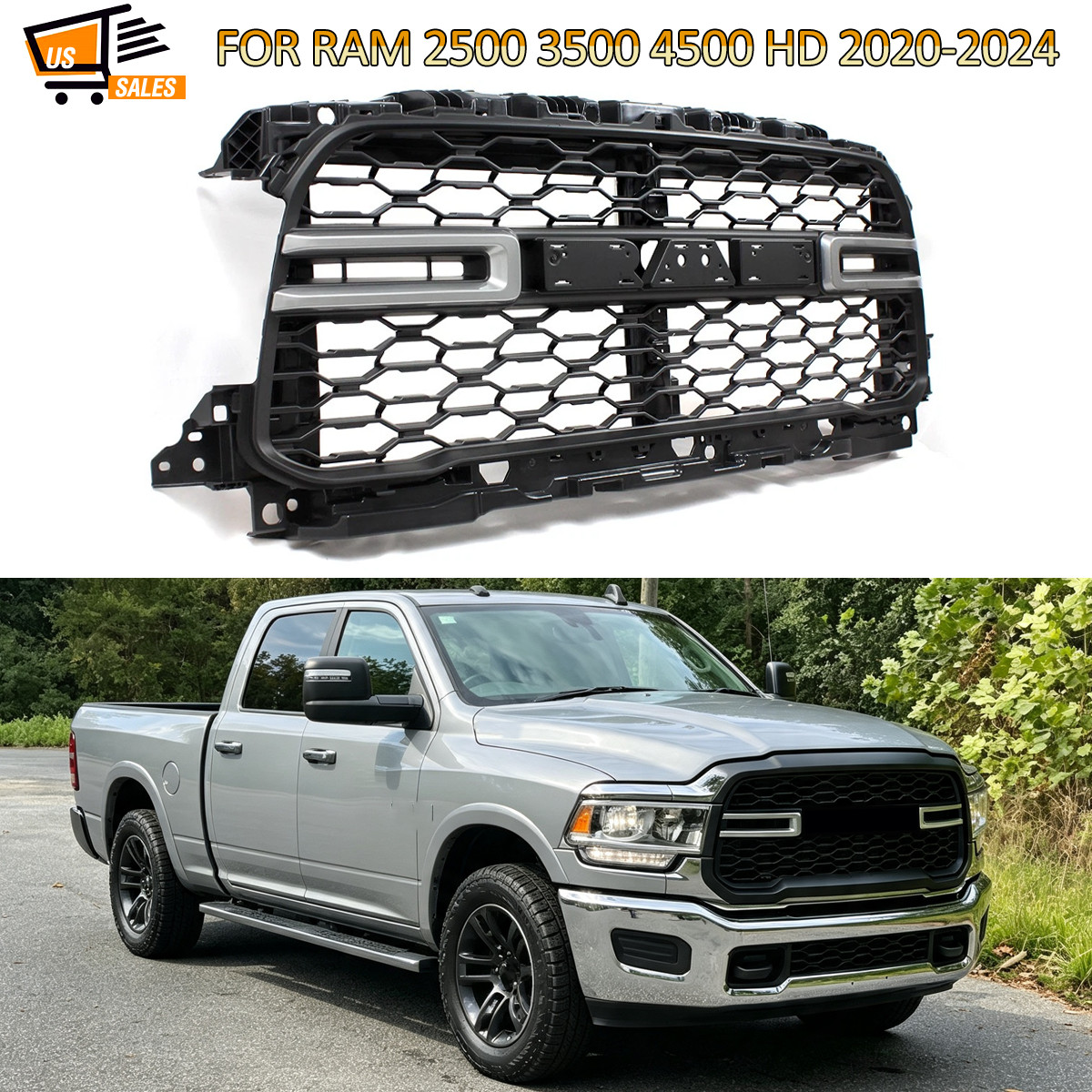 For 2019-2024 Dodge Ram 2500 3500 4500 HD Billet Silver Metallic + Black Grille
