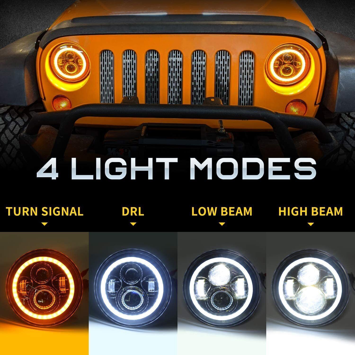 Pairs 7″ Inch Round LED Headlights Halo Angle Eyes For Jeep Wrangler JK LJ TJ CJ
