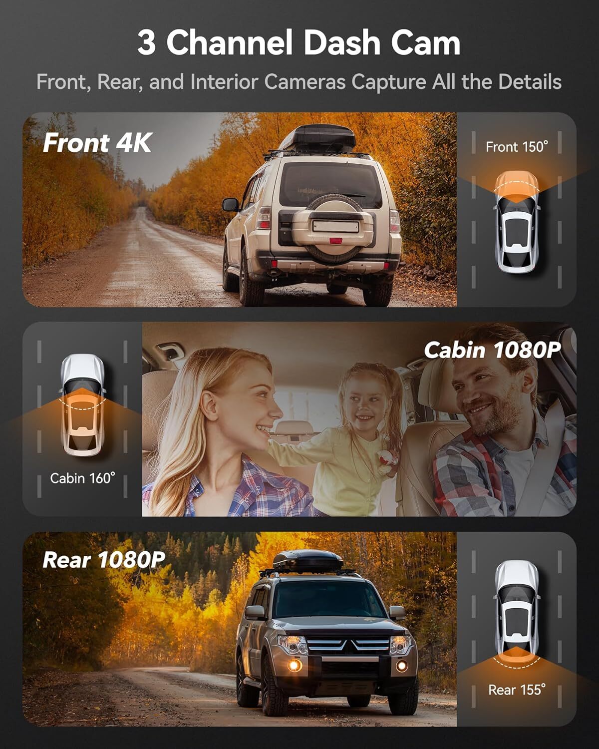 WOLFBOX i17 3 Channel 4K Dash Cam Built-in 5G WiFi GPS Front and Rear Inside