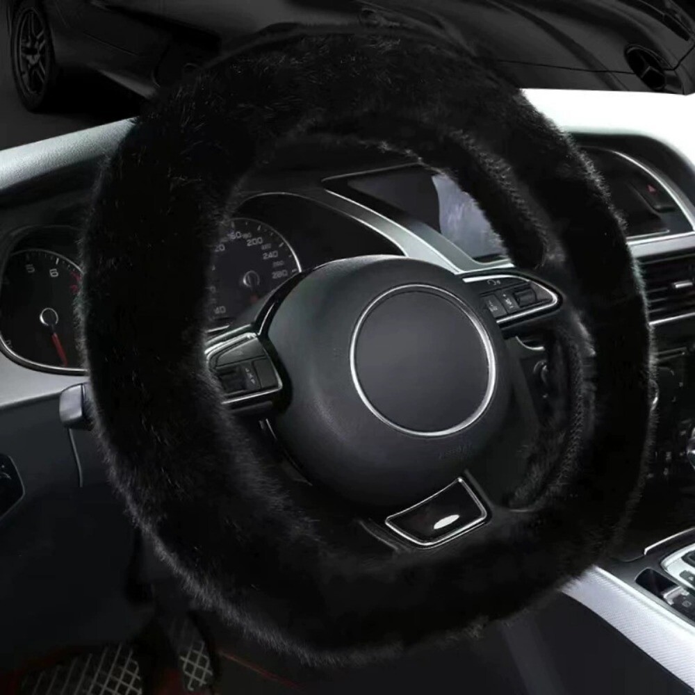 Soft Winter Warm Short Plush Car Steering Wheel Cover for Auto Black 15″/38cm