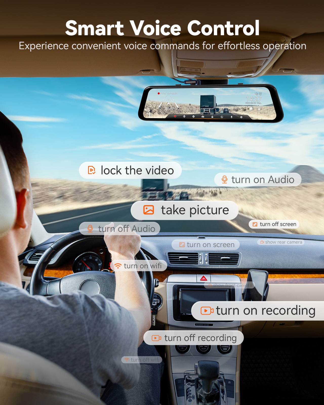 WOLFBOX G850 PRO 12″ Mirror Dash Cam 4K With ADAS, 5.8GHz WiFi, Voice Control