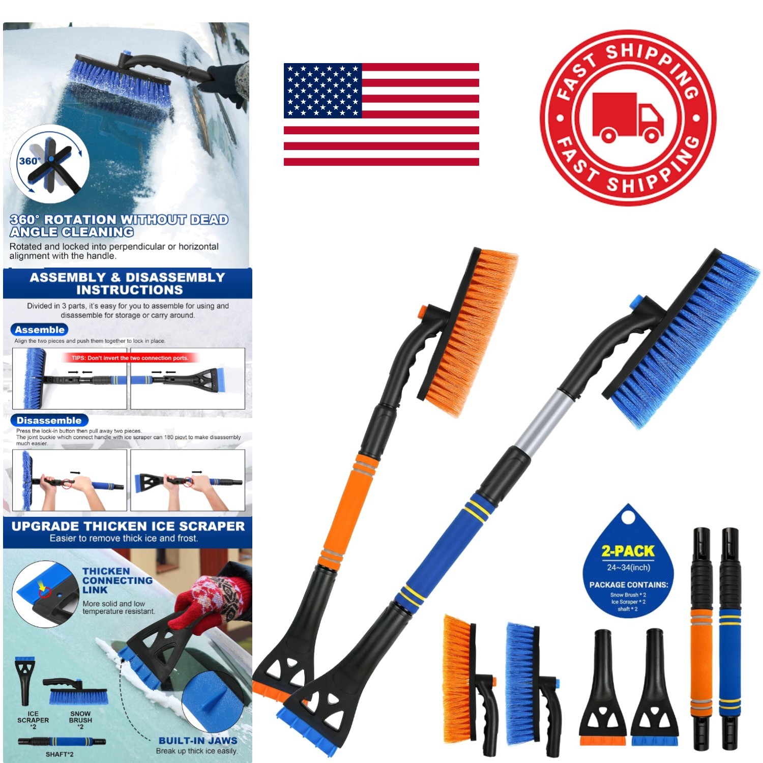 2 in 1 Snow Brush and Scraper for Car SUV Truck with Ergonomic Grip Blue Orange