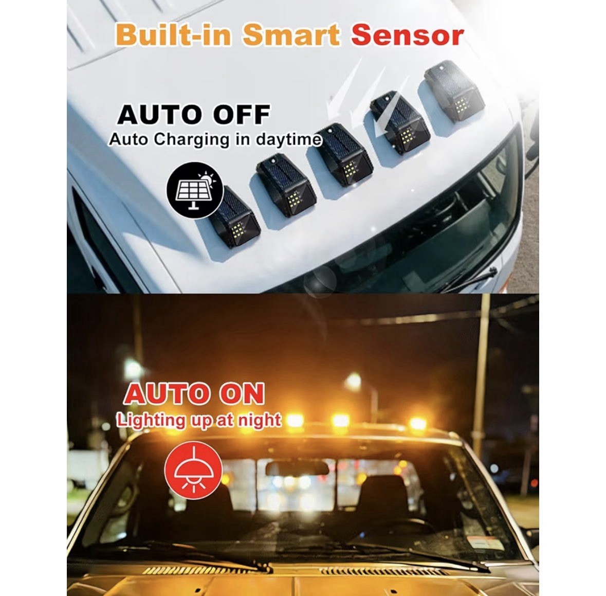 Solar Cab Lights Trucks, Wireless No Drill Roof LED Marker Vibration Sensor IP67