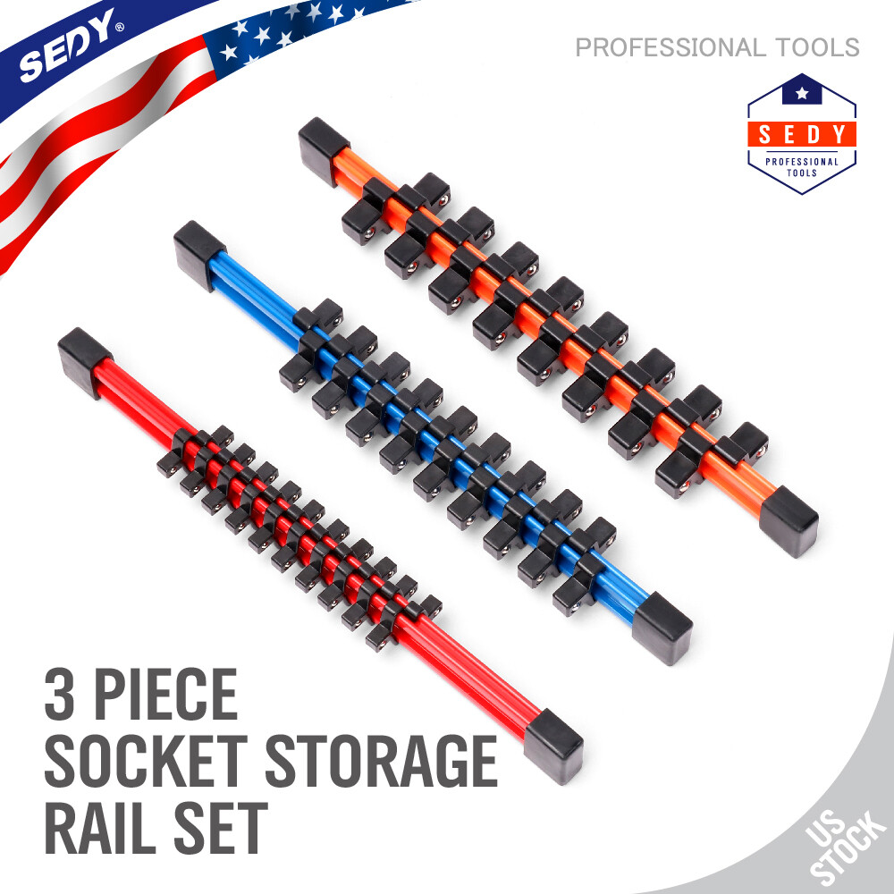 3pc Socket Organizer | 1/4 3/8 1/2″ Mountable Sliding Holder Rail Tool Storage