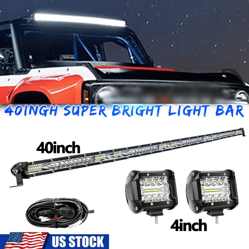 Slim 40″inch 2400W LED Light Bar Combo Spot Flood Truck Offroad+4″Pods Kit 41 42