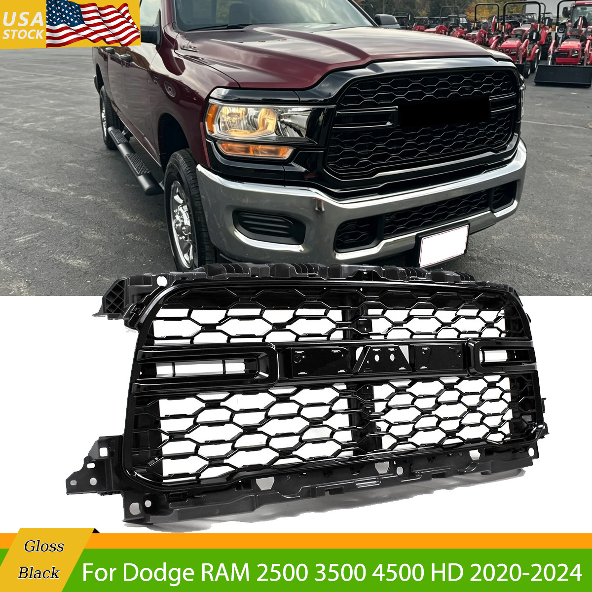 For 2019-2024 Ram 2500 3500 4500 HD Tradesman Gloss Black Grille W/o Camera Hole