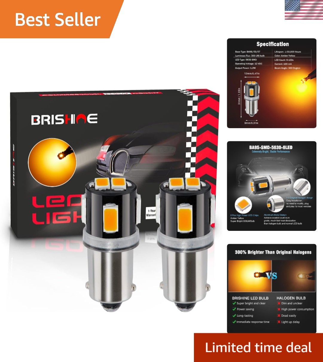 Extremely Bright BA9S LED Bulbs – 50,000 Hours, Amber Yellow Light, Easy Install