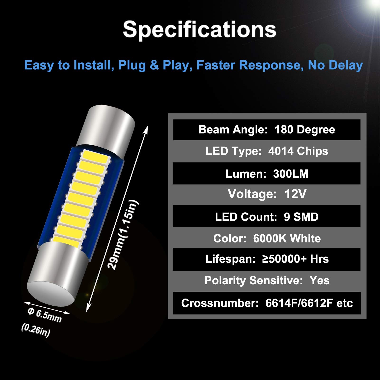 6PCS 28mm 29mm 6614F Festoon LED Car Bulb, Extremely Bright 9SMD 4014 chips 6…