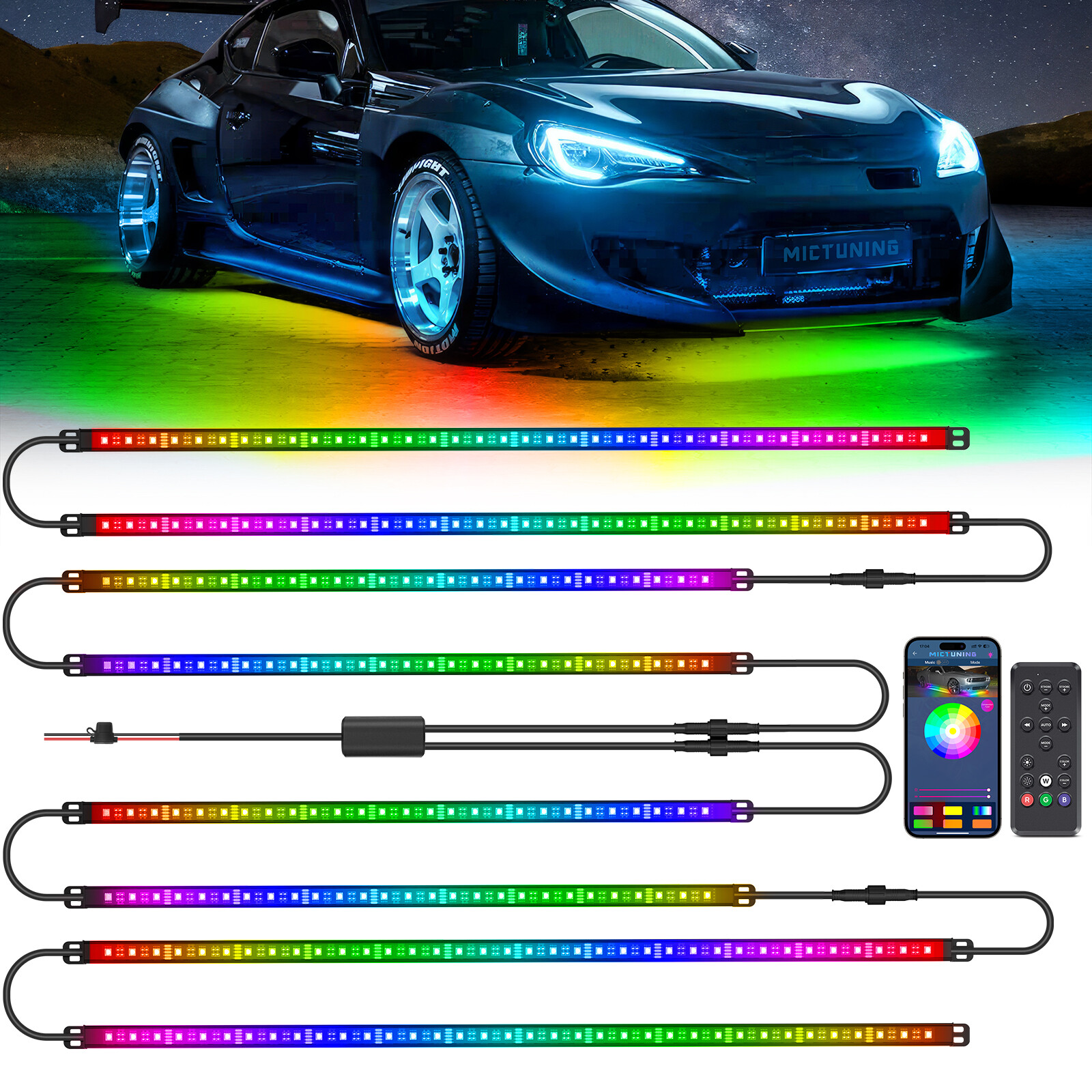 8Pcs Bluetooth RGB+IC Underglow Lights Bar, Dream Color Chasing Car Light Tubes