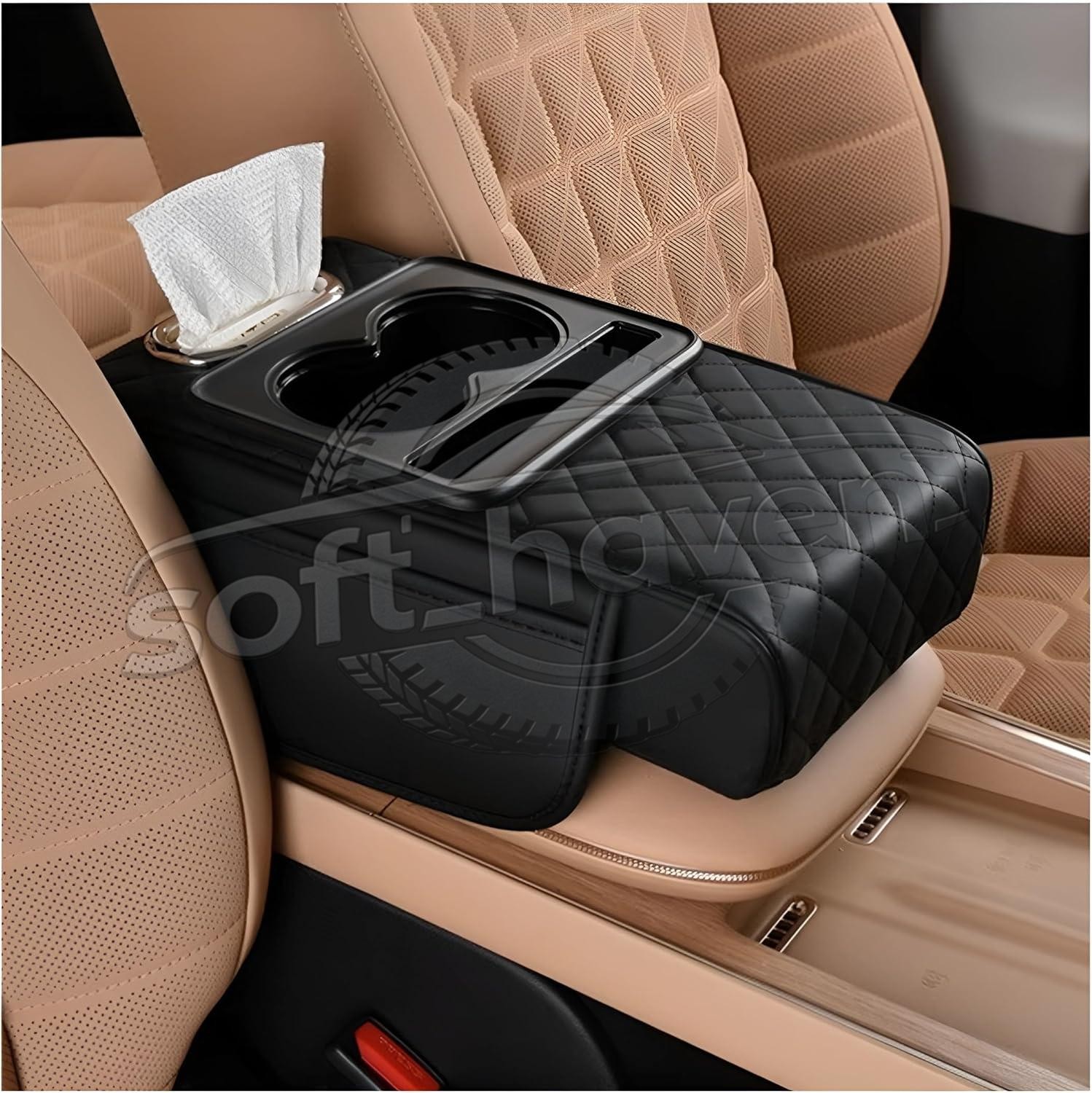 Car Armrest Cushion Center Console Cover with Cup Holder,Tissue Box,Phone Holder