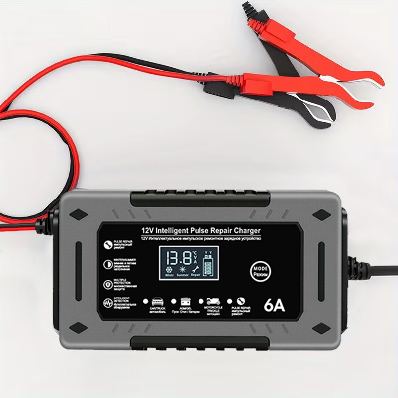 12V 6A Smart Car Automatic Power Puls Repair Lead Acid AGM Battery Charger grey