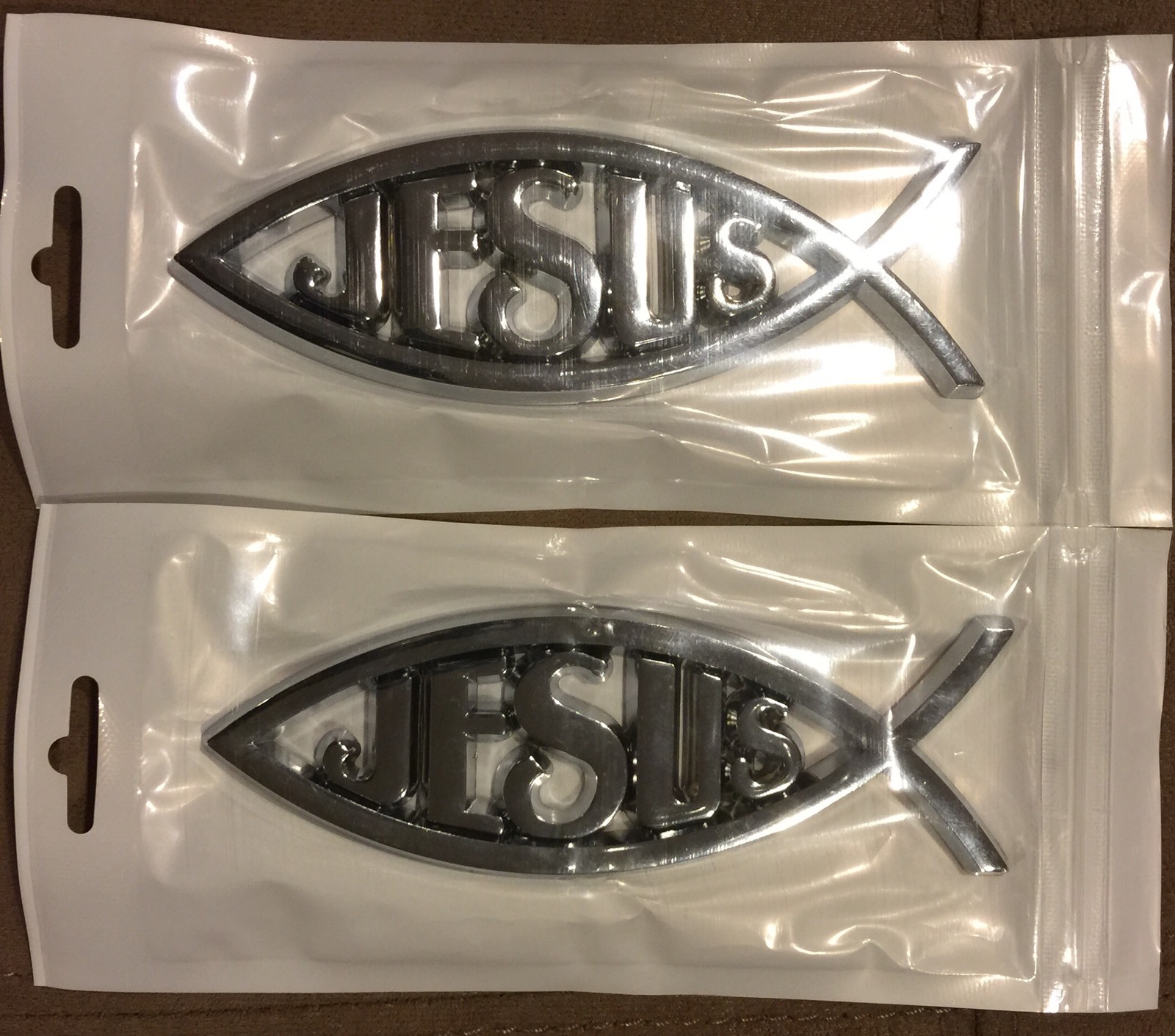 2PC JESUS Fish Car Chrome 3D Plastic ABS Emblem Religious Christian Fish Symbol