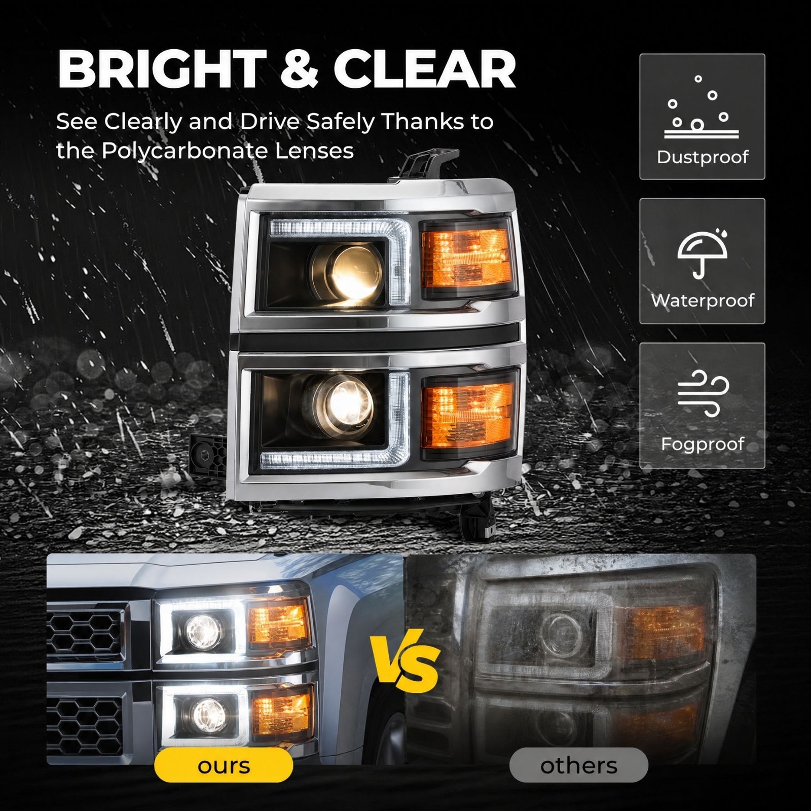 LED DRL Projector Headlights Assembly for 2014-2015 Chevy Silverado 1500 Chrome