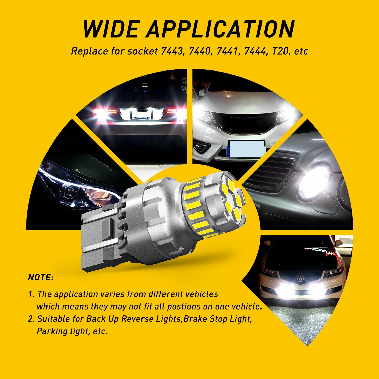 2X 7443 7440 LED 6500K Reverse Backup Brake Tail Stop Parking Light Bulbs CANBUS