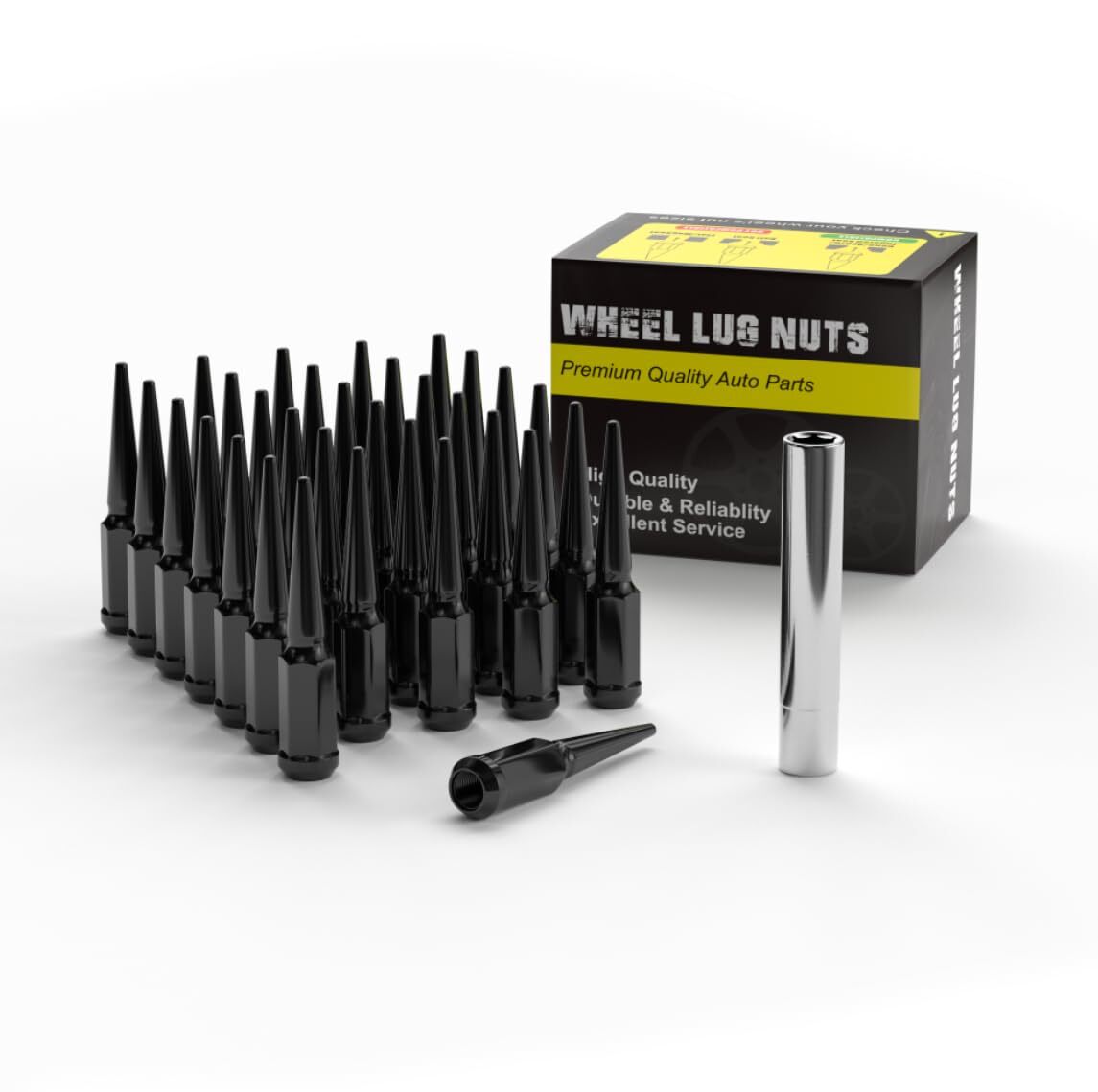 32x Black 9/16-18 Spline Spike Lug Nut + Key Fit 1994-2011 Dodge Ram2500 Ram3500