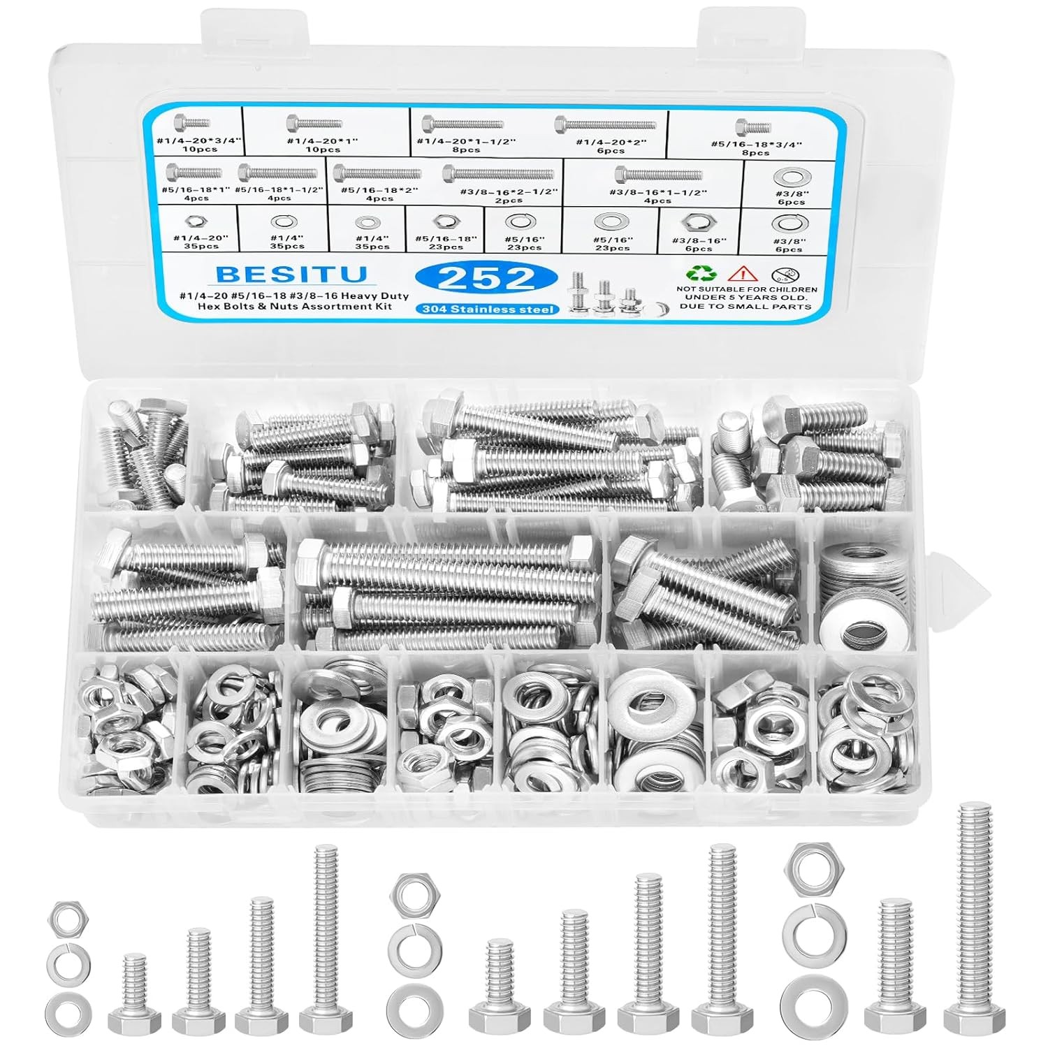 252Pcs Hex 1/4-20, 5/16-18, 3/8-16, Silver-SAE Stainless Steel Bolts