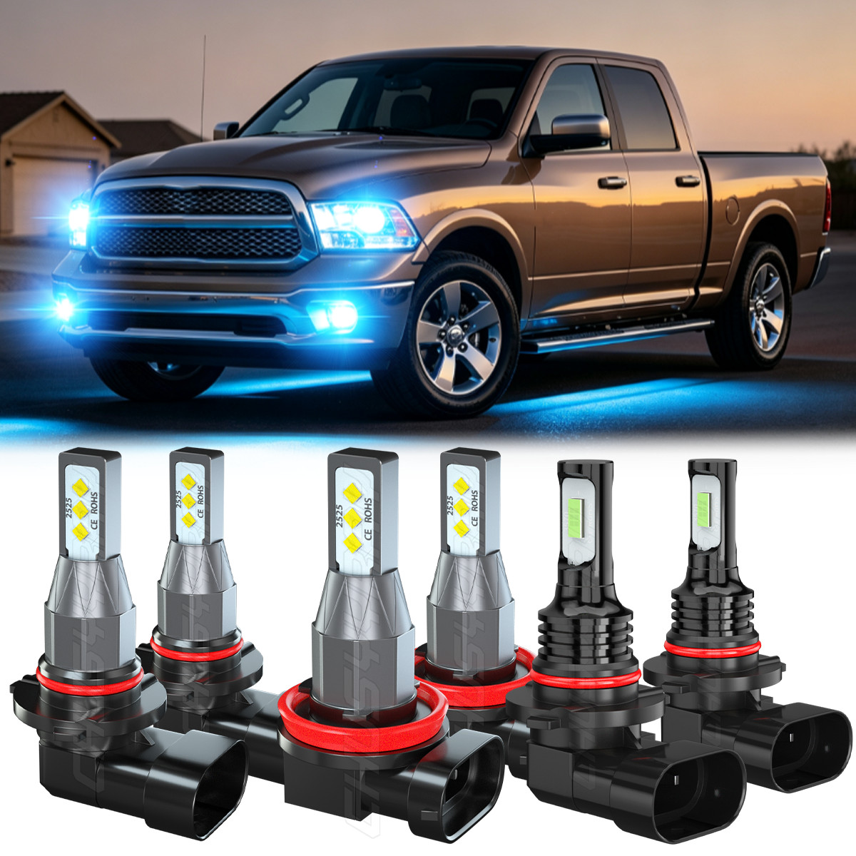 For Ram 1500 2011-2018 LED Headlight KIT Hi Lo Beam + Fog Light Bulbs 360000LM