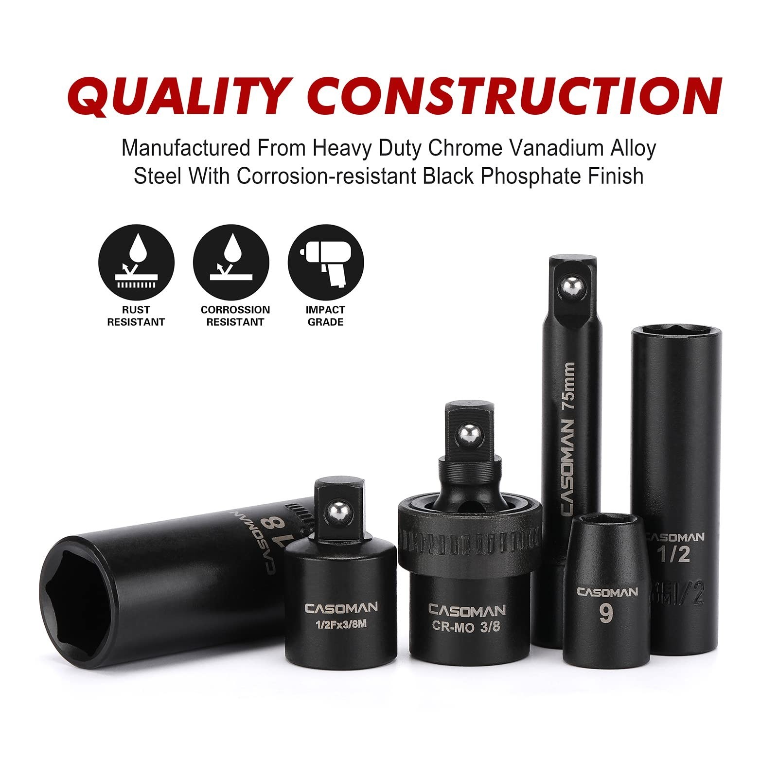 49-Piece 3/8″ Drive Impact Socket Set, SAE & Metric, 6 Point Cr-V Steel, Durable