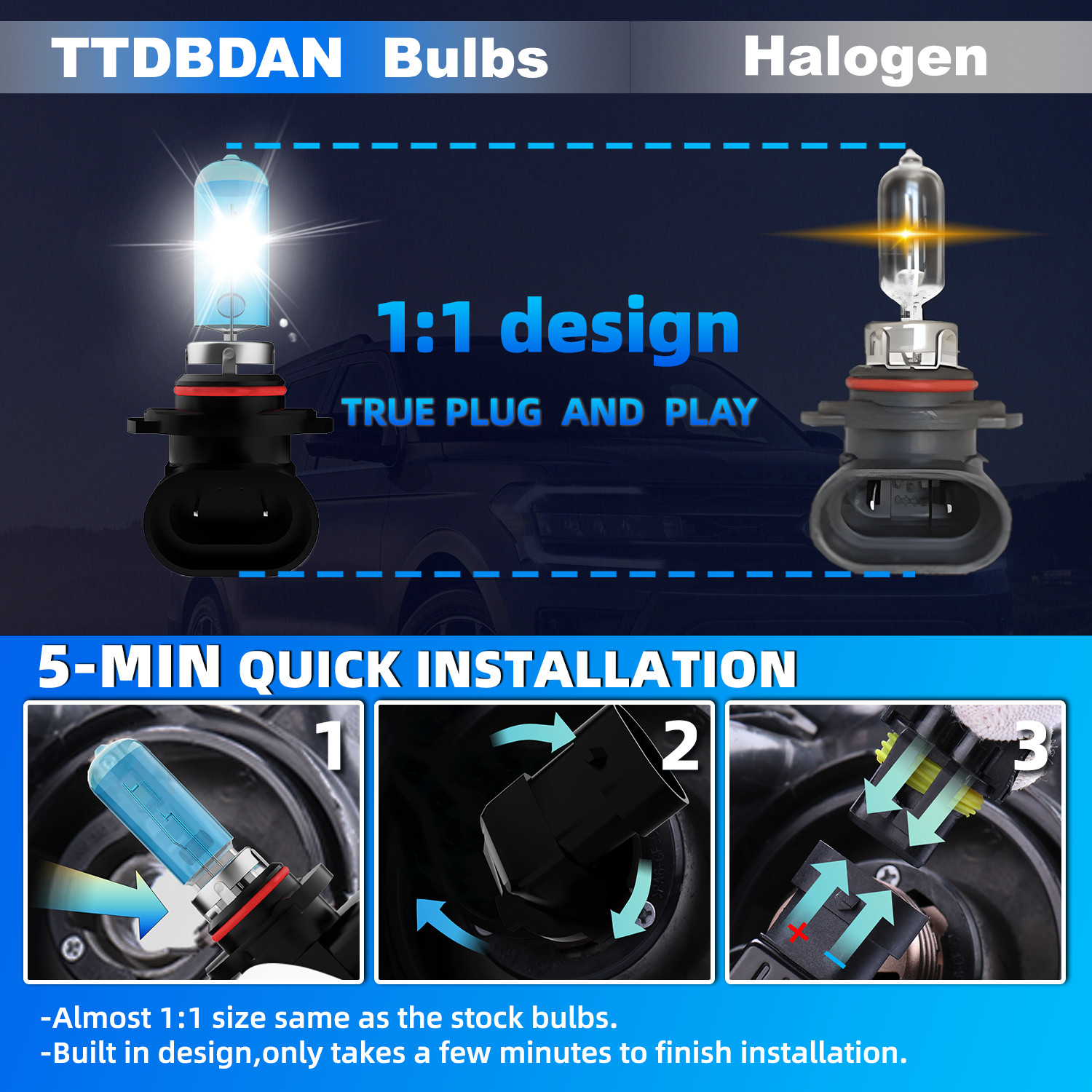 2PCS 9006/HB4 Halogen Headlight Bulbs Kit High/Low Beam 5000K Warm White