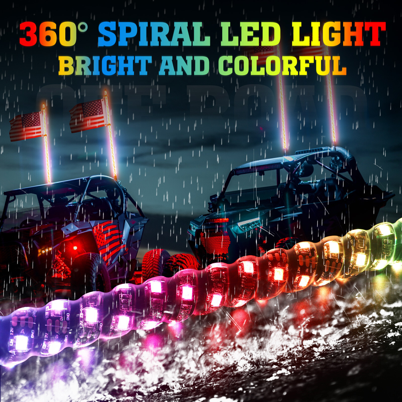 KEMIMOTO 2PC 4FT 366 Modes Whip Light Spiral LED Antenna w/Flag&Remote UTV ATV