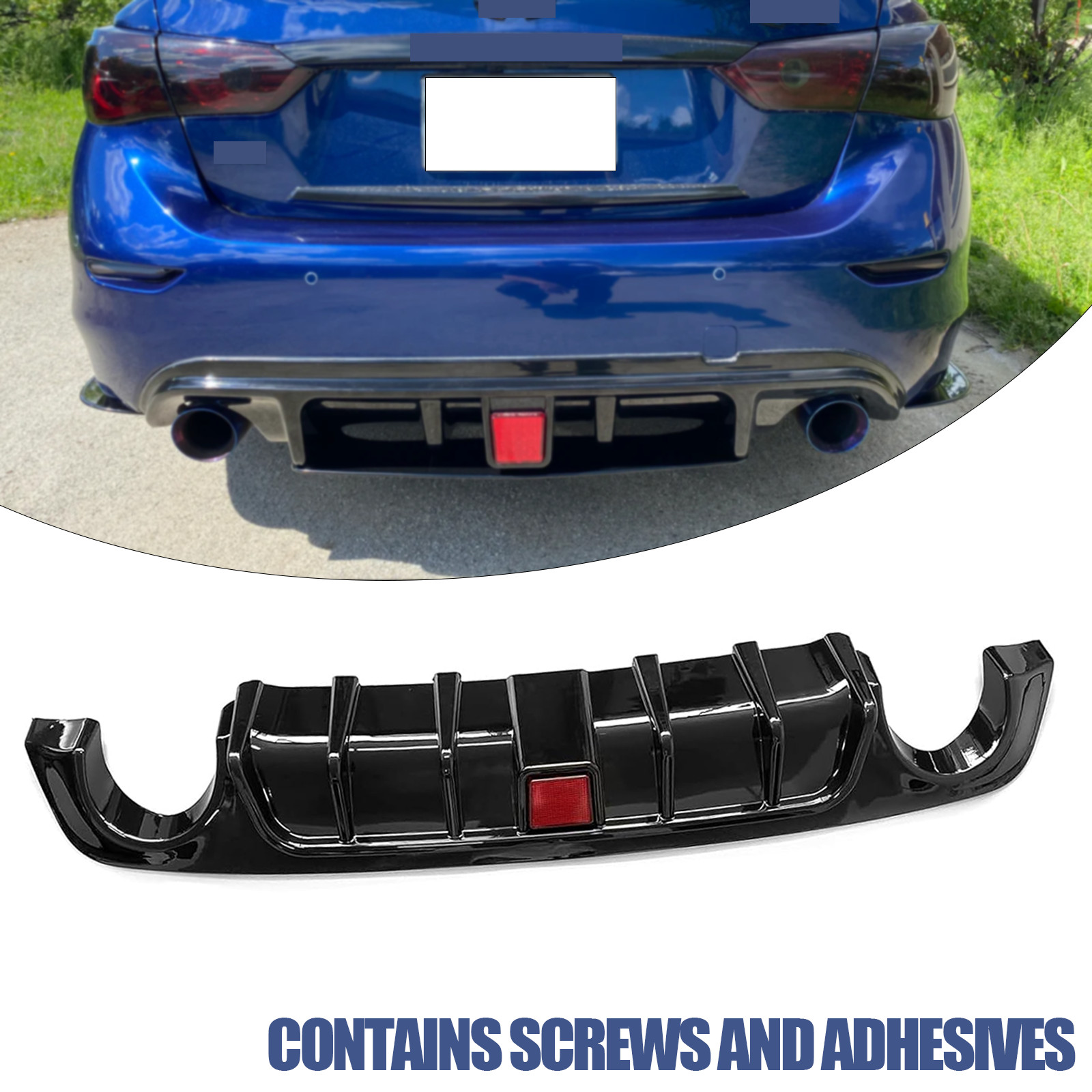 Fit 2014-2017 INFINITI Q50 GLOSSY BLACK REAR BUMPER DIFFUSER W/ LED BRAKE LIGHT
