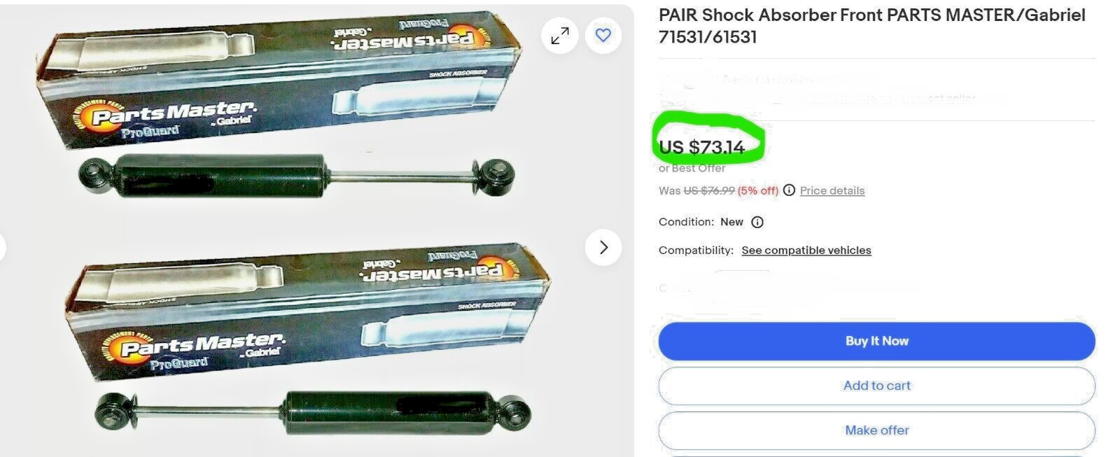 2 Shock Absorber Front GAS PARTS MASTER/Gabriel 71531/61531 BX3