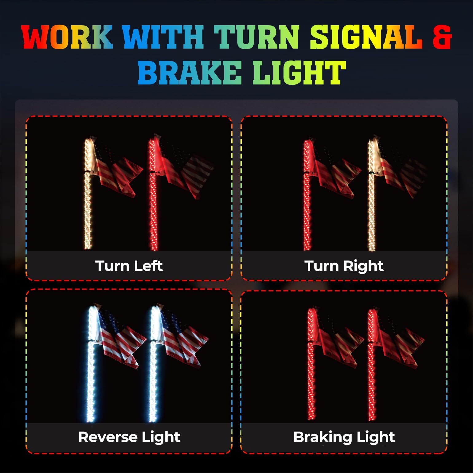 Pair 2FT Spiral LED Whip Lights APP Control RGB Antenna Flag Remote for Polaris
