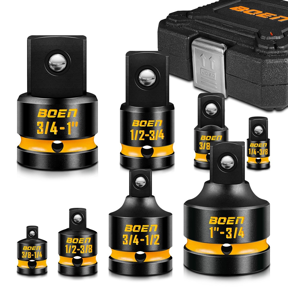 BOEN 8-Piece Impact Socket Adapter & Reducer Set, 1/4, 3/8, 1/2″, 3/4″, Cr-Mo