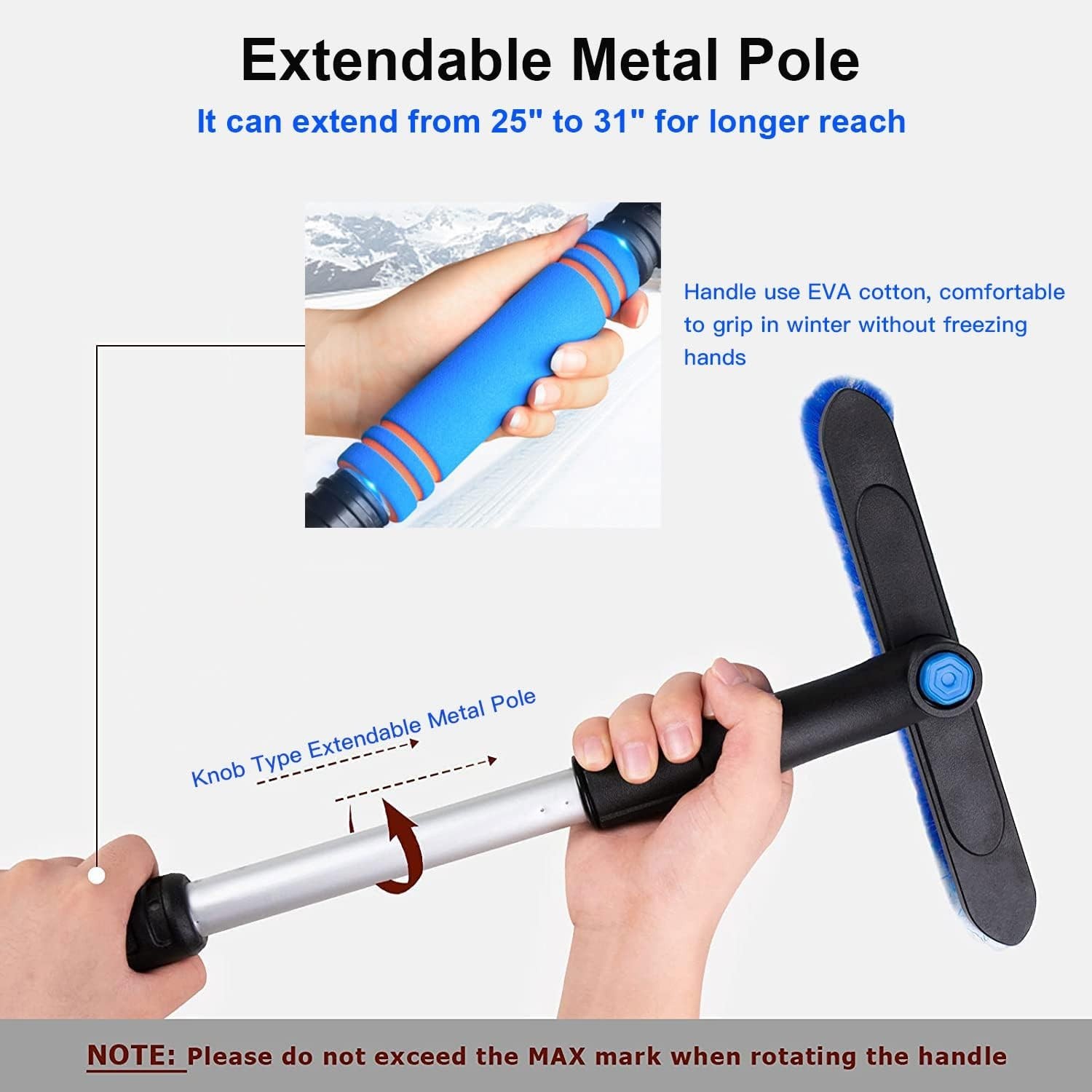31in Extendable Car Snow Scraper Brush Combo Ice Remover for SUV Truck