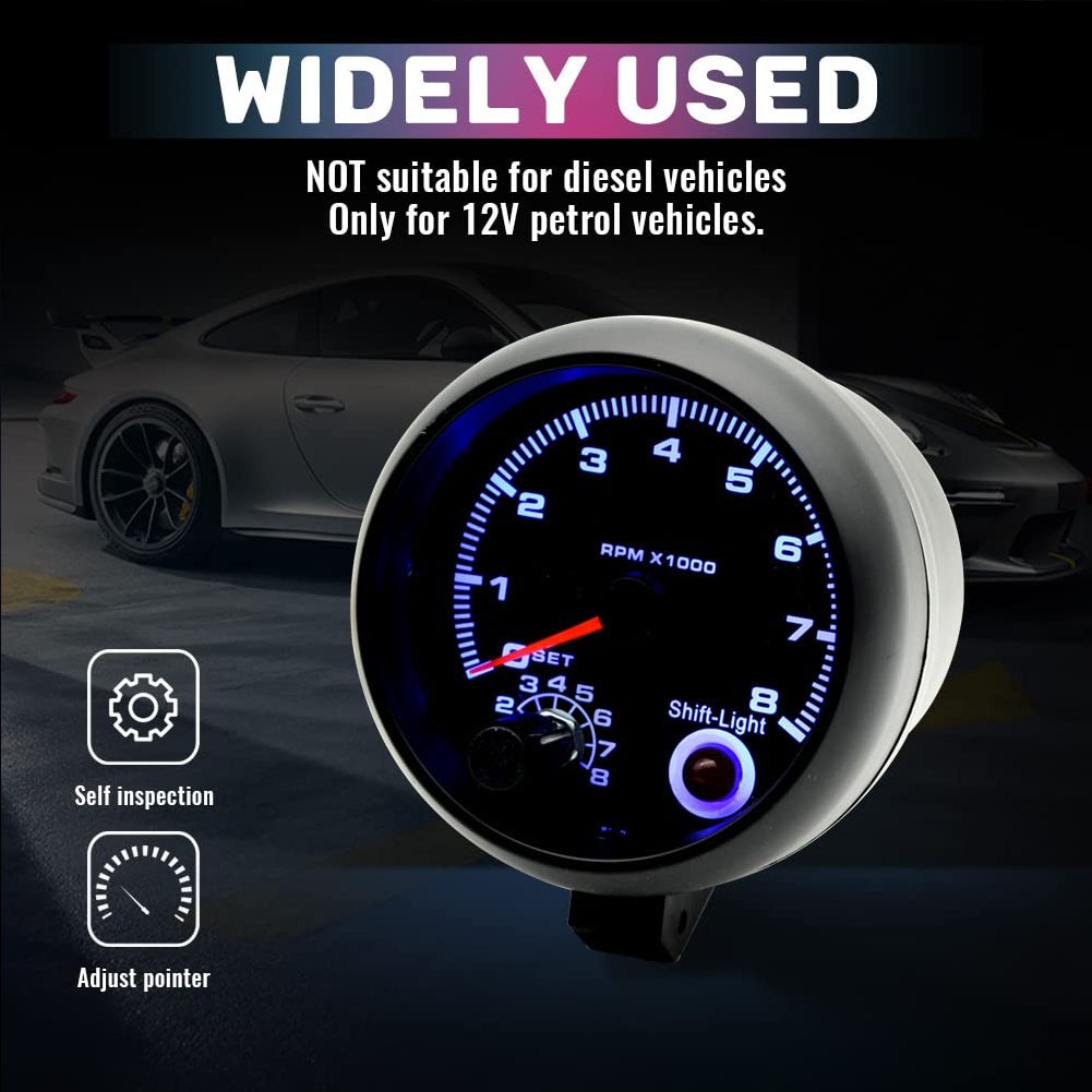 12V 3.75 inch Car Auto Tachometer with Shift Light 8000 RPM Gauge Meter Blue LED