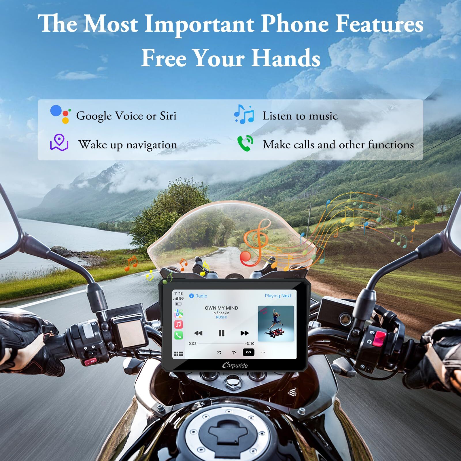 Carpuride W702 Moto Carplay Android Auto Waterproof Touchscreen Dual Bluetooth