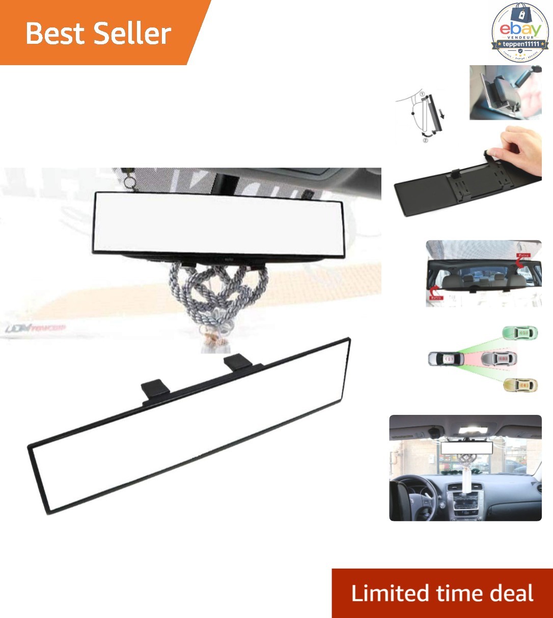 Universal Fit 12-Inch Wide Flat Clip-On Rear View Mirror