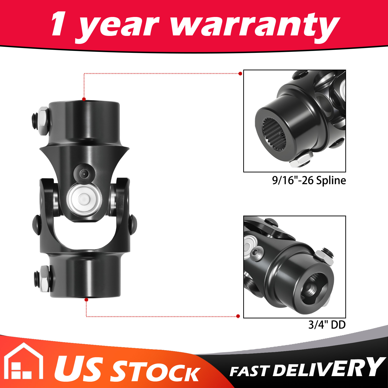 9/16″ 26 Spline X 3/4″ DD Single Steering U Joint Shaft Rat Street Rod Black