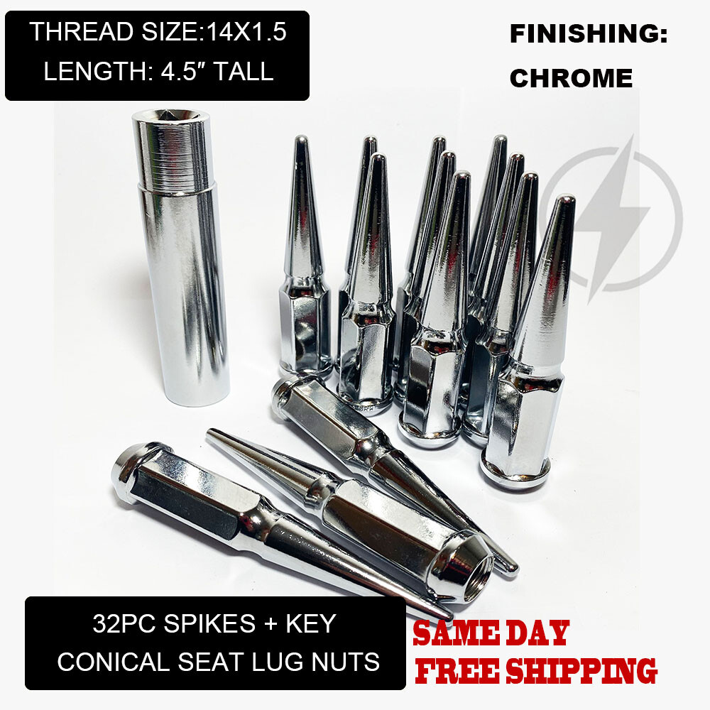 FIT RAM 2500 3500 8LUG 4.5″ SPIKE LUG NUT 14×1.5 CONICAL SEAT CHROME 32PC+KEY