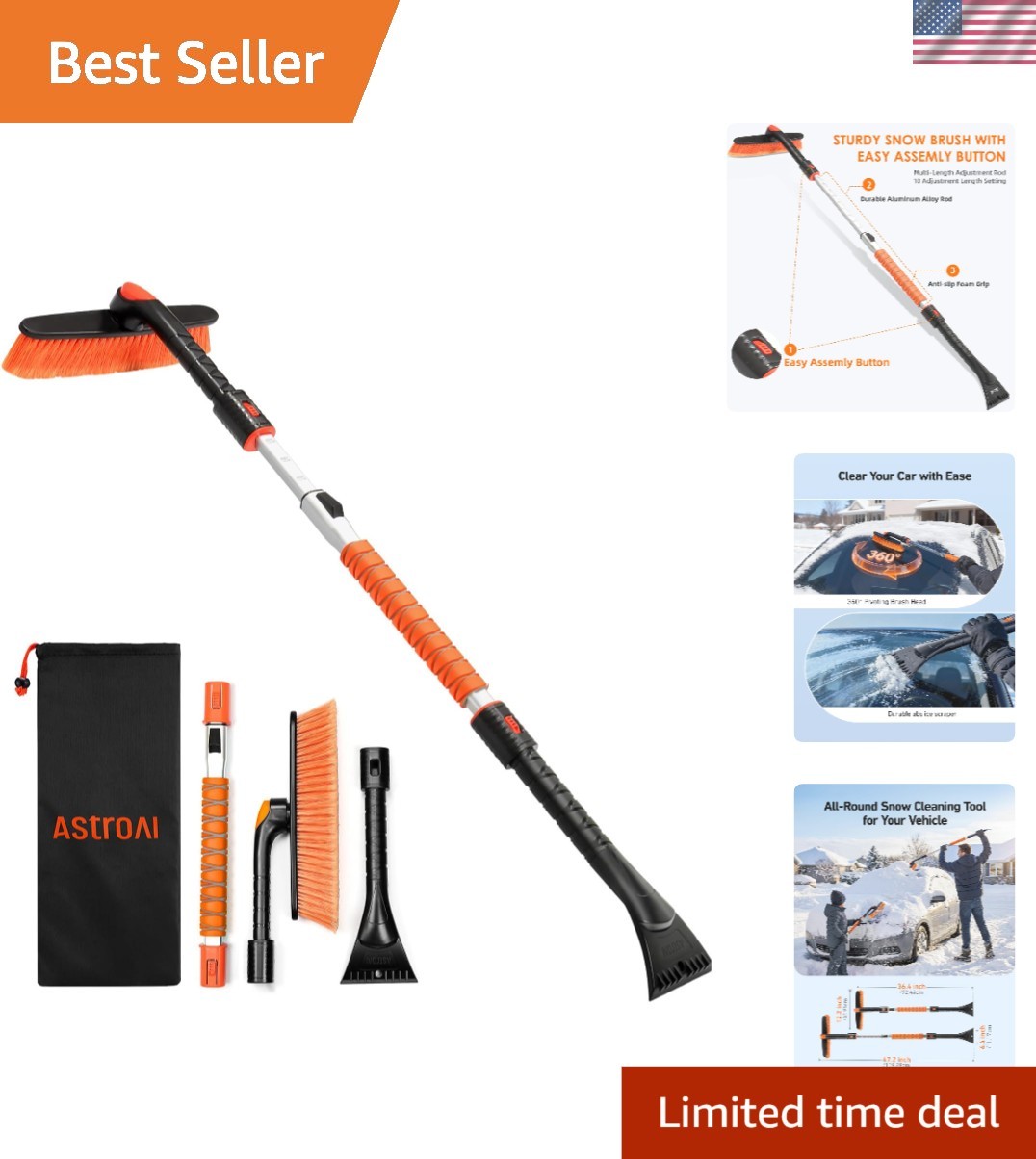 Multi-Position 47.2” Ice Scraper & Snow Brush with Foam Grip for Winter Cars
