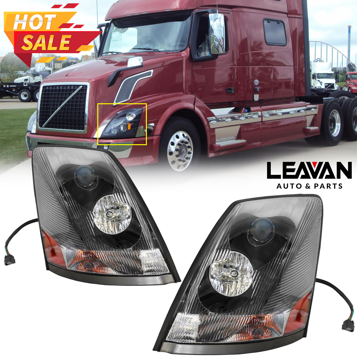 For Volvo VNL 2004-2017 Semi Truck Black Projector Halogen Headlight Set Pair
