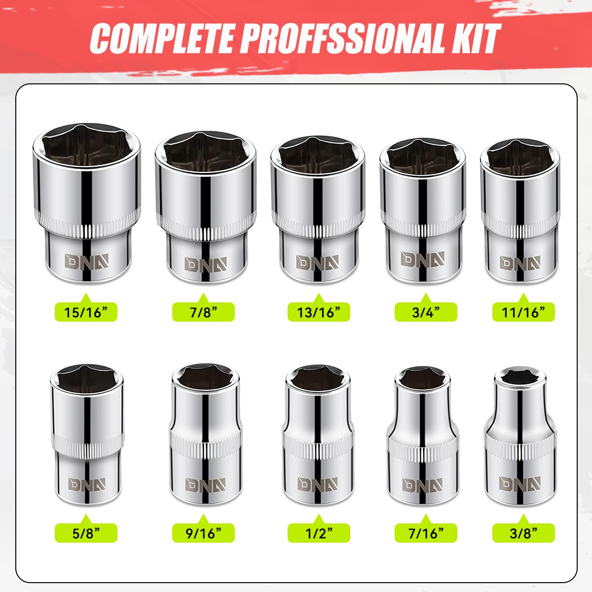 10Pcs 1/2-Inch Chrome Vanadium Steel Drive SAE Impact Socket Set w/Storage Case